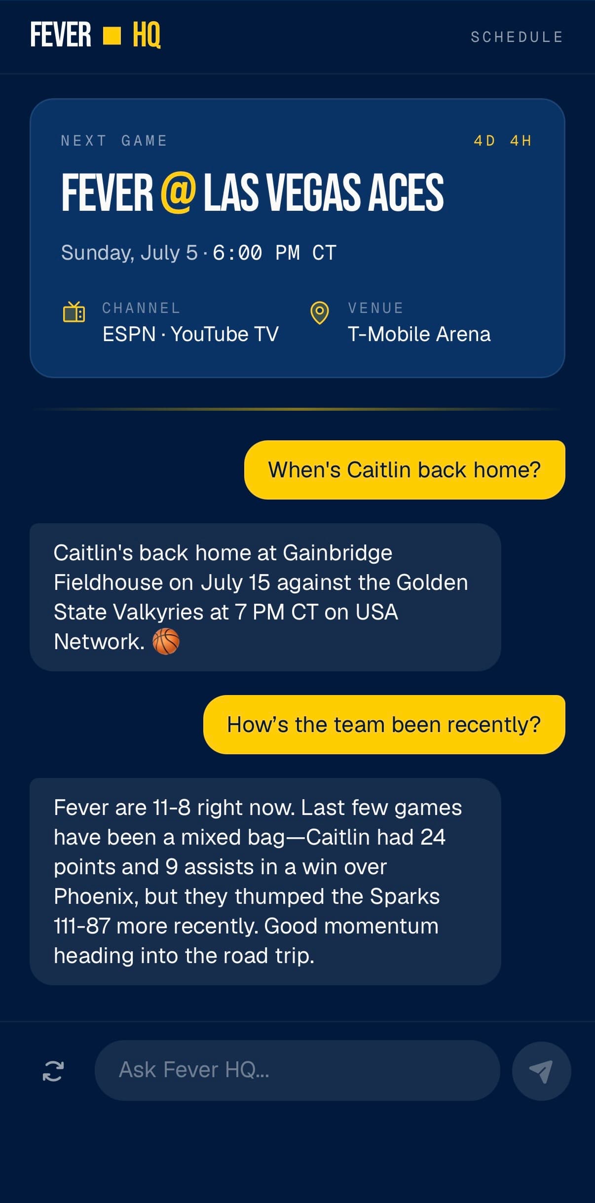 A real-time conversation. She asks plain English. The bot answers in sports-radio voice, with the channel and the Central-Time tipoff baked in.