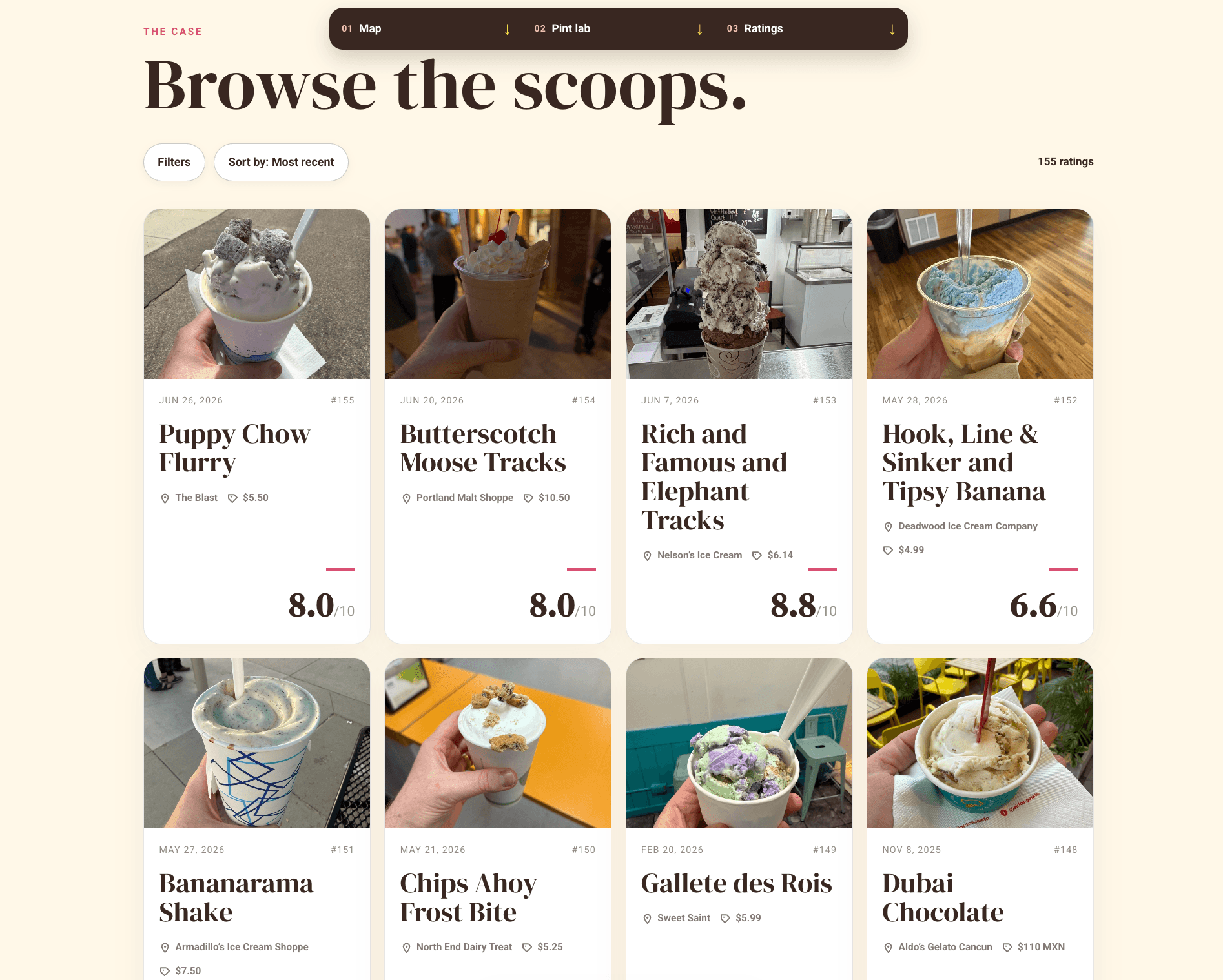 The public ratings case pairs clear filter and sort controls with a browseable archive of 155 scoops.